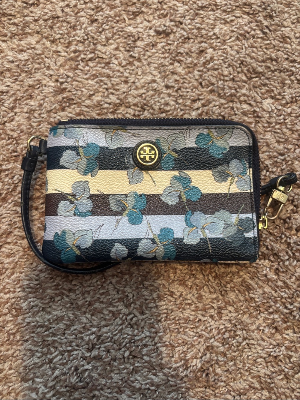 Tory Burch Floral Stripe Wristlet in Blue, Brown, Cream and Black